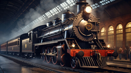 Obraz premium Vintage steam locomotive at the station. Steam Power Arriving at a Historic Train Station., generative ai