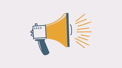 A stylized illustration of a megaphone. The megaphone is predominantly yellow with a blue handle. It emits rays or lines emanating from its side, suggesting it's in use or making an announcement.