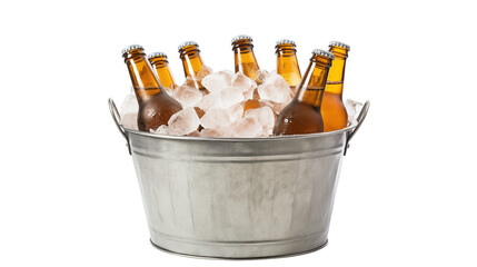 bucket of beer bottle with ice cubes isolated on transparent white background, clipping path