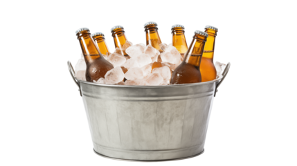 bucket of beer bottle with ice cubes isolated on transparent white background, clipping path