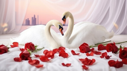 Obraz premium Two swans made from towels are kissing on honeymoon white bed. Valentine signature made from red rose flower on bed decoration in bedroom. Valentine background. honey moon, generative ai