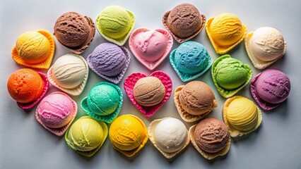 Obraz premium Assorted colorful heart-shaped ice cream scoops arranged in a playful composition over a clean and minimalist transparent background.