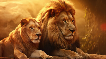 Fototapeta premium Majestic African lion couple loving pride. animal wildlife, copy space. digital art, generative ai