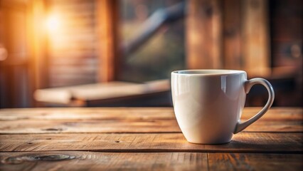 Fototapeta premium A solitary, empty, white ceramic mug with a handle sits isolated on a rustic wooden table against a blurred background.