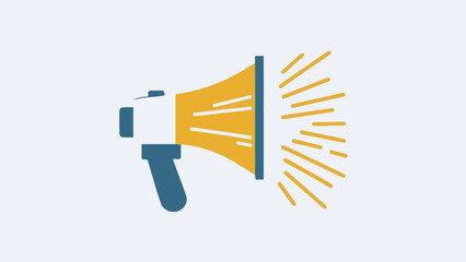 A stylized illustration of a megaphone. The megaphone is predominantly yellow with a blue handle. It emits rays or lines emanating from its side, suggesting it's in use or making an announcement.