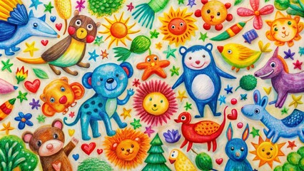 Vibrant, colorful, whimsical repeating background featuring playful kids' wax crayon drawings of animals, shapes, and objects in chaotic harmony.