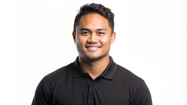 Isolated young Pacific Islander man in a black polo shirt stands confidently against a clean white transparent background alone. - Powered by Adobe