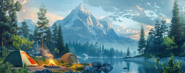 A picturesque camping site in nature with tents and campfire, forest, lake, mountain