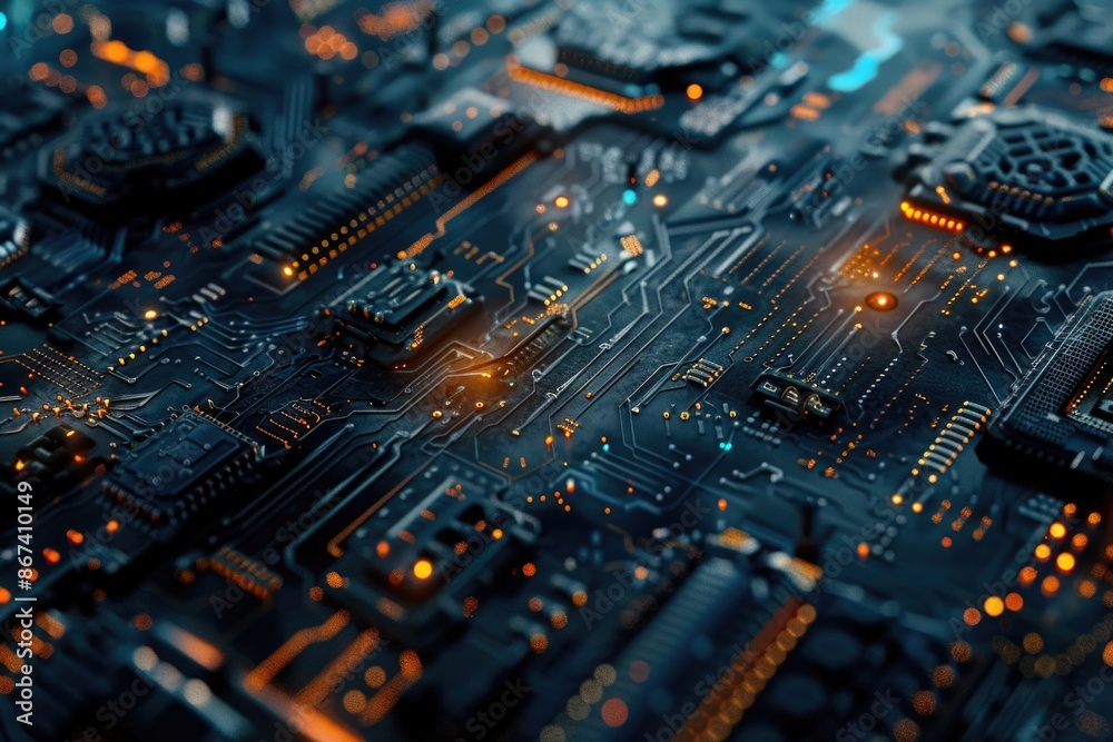 Poster close-up image of a computer circuit board with various components and wires