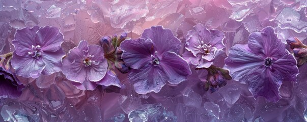 abstract background art of purple flowers frozen in ice water