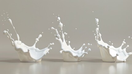 Three cups with milk overflowing, suitable for food or beverage photography