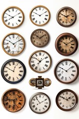 Collection of various clocks on a wall, suitable for office or home decor