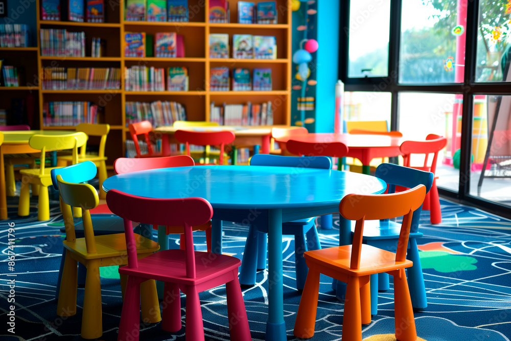 Wall mural a colorful classroom with a blue table and chairs.