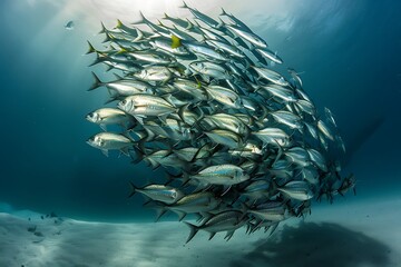 A school of fish swimming in unison, creating dynamic shapes in the ocean