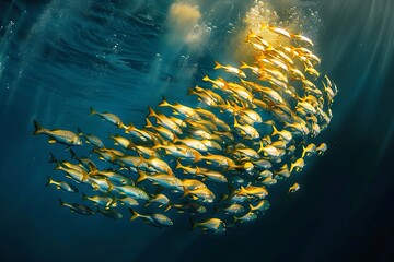 A school of fish swimming in unison, creating dynamic shapes in the ocean