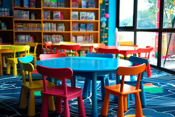 A colorful classroom with a blue table and chairs.