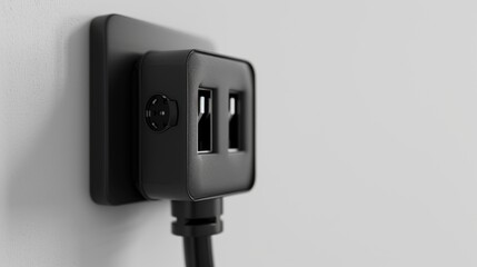 A black and white photo of a power outlet with a wall charger plugged in, great for use in technology or electronics related contexts