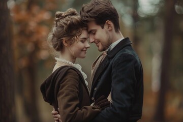 A couple standing together in a forest, surrounded by trees