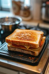 A grilled cheese sandwich sits on top of a stove, ready for serving