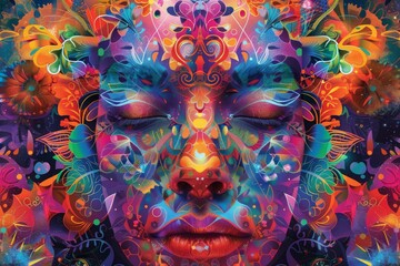 Obraz premium Vibrant, psychedelic illustration of a face with intricate patterns and vivid colors, evoking a sense of surrealism and artistic creativity.