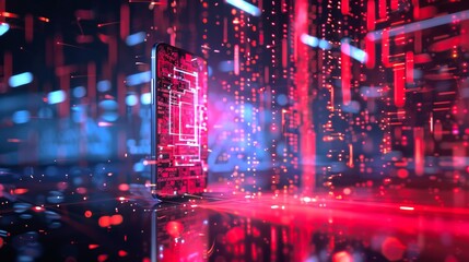 Futuristic glowing digital door in a cyber world. Conceptual AI generated image showing a sci-fi, neon-lit environment with technology elements. Perfect for technology and innovation themes. AI