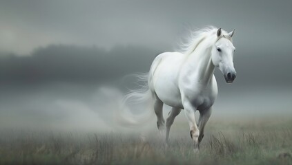 A white horse with a flowing mane galloping across the vast grassland in the mist. Moody landscape.