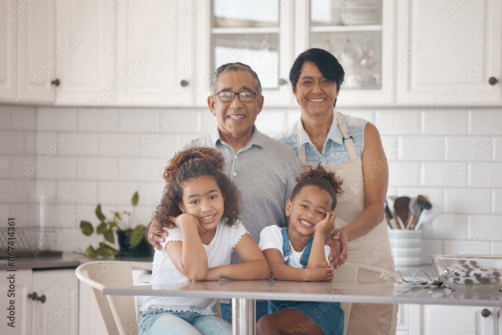 Canvas Prints Grandparents, portrait and smile in home with grandmother, siblings and kid together. Parent love, happy and granddad with people and children in house kitchen with support and granddaughter care