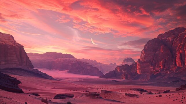 A breathtaking view of Wadi Rums desert landscape with a crescent moon in the sky. The sunset paints the sky with vibrant hues of pink and orange, creating a surreal atmosphere