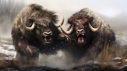 Naklejka premium Close up of Musk Oxen fighting. alaska wildlife, digital art, generative ai