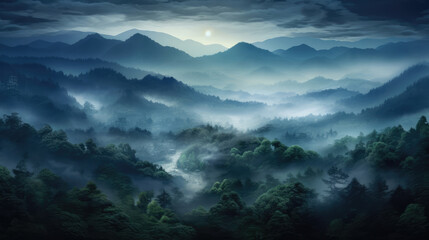Misty Foggy mountain forest landscape at night. Mystical moment at ShiroUma Dake mountain in Nagano, Japan. Fog and cloud mountain valley landscape.. digital art, generative ai