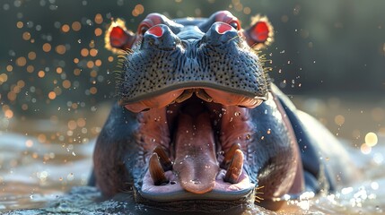 Cheeky hippo sticking out its tongue and making a funny face, photo 3d 