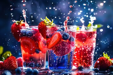 Vibrant fruit cocktails with splashes, berries, and bokeh.