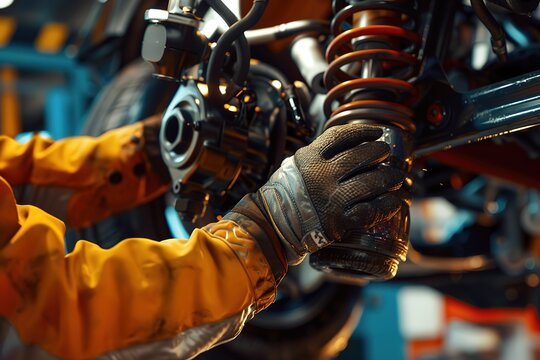 Mechanic adjusting motorcycle suspension, close-up on hands