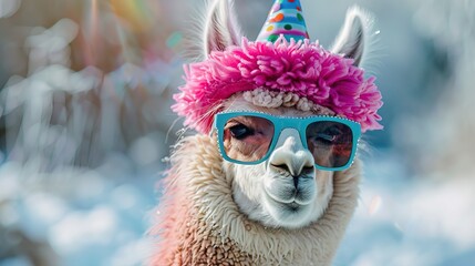 Naklejka premium Funny pink llama alpaca in sunglasses and birthday cap with winter background