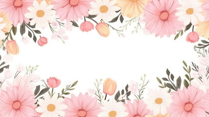Fototapeta premium frame with flowers. Daisies frame or border, seamless background. Floral holiday background for wedding invitations, greeting cards, banners. Place for text, generative ai