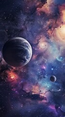 Obraz premium A mesmerizing view of a deep space scene featuring planets and nebulae. The image showcases vibrant colors and a sense of movement, capturing the beauty and wonder of the universe