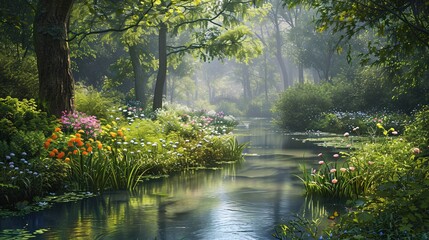 A serene woodland scene featuring a tranquil river winding through lush green foliage, with vibrant wildflowers along the banks