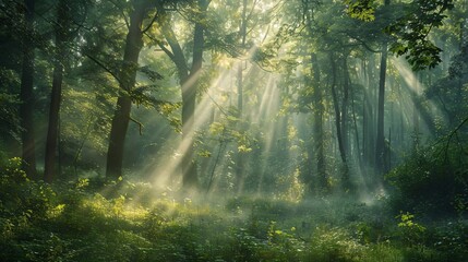 Fototapeta premium A dense forest bathed in ethereal morning light, with mist rising gently from the ground and rays of sunlight piercing through the tree canopy