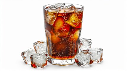 Refreshing cold drink with ice cubes on white background. Glass filled with fizzy cola, perfect for summer refreshment. High-quality stock photo for beverage advertisements and menus. AI