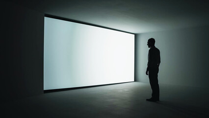 Obraz premium person silhouette in an exhibition room, man standing in front of a blank canvas, a modern mockup design for advertising, looking paint art concept, gen by AI.