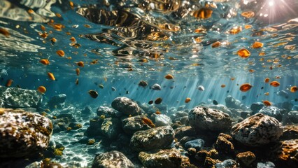 a large amount of rocks under the water