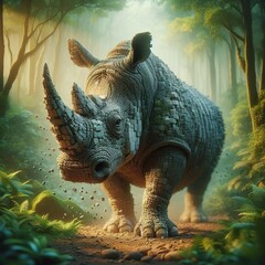 Fototapeta premium a hyperrealistic picture of a rhinoceros that looks normal at the front but falls apart in little cubes