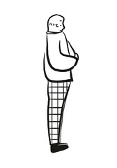 Doodle of a person standing. Man standing in the checkered pants. Black and white illustration