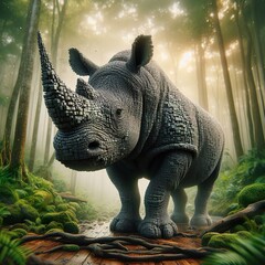 Fototapeta premium a hyperrealistic picture of a rhinoceros that looks normal at the front but falls apart in little cubes