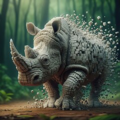 Fototapeta premium a hyperrealistic picture of a rhinoceros that looks normal at the front but falls apart in little cubes