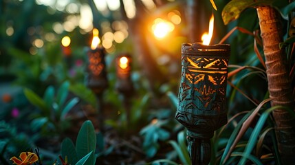 Fototapeta premium Several lit candles illuminate a serene garden setting.