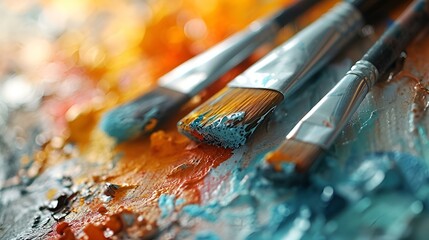 Naklejka premium Assorted paint brushes arranged on a palette, ready for artistic creation.