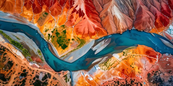 Aerial view perpendicular top down of an abstract colorful river along the coastline