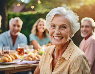 Happy Woman Celebrating Birthday with Family and Friends in a Backyard Party