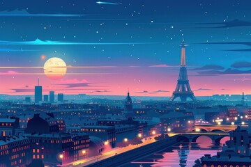 Fototapeta premium Artistic illustration of Paris, France at dusk with Eiffel Tower and glowing city lights